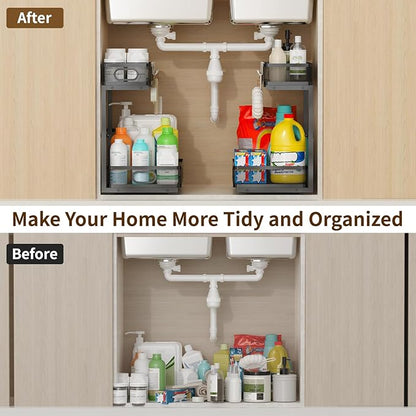 Under Sink Organizer 2 Pack, 2-Tier Slide Out Cabinet Organizer with Metal Sliding Drawer and Hooks, Pull Out Storage Baskets for Kitchen Bathroom Pantry Cabinet Organization (black)