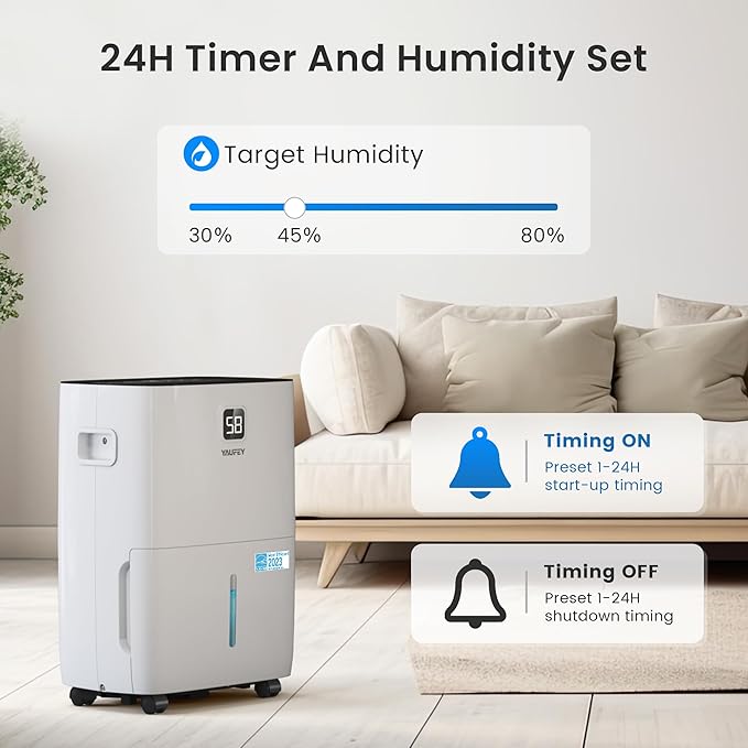 Yaufey 120 Pints Energy Star Dehumidifier for Home, Basement and Large Room up to 6000 Sq. Ft., with Drain Hose, Timer, Intelligent Humidity Control and Large Water Tank