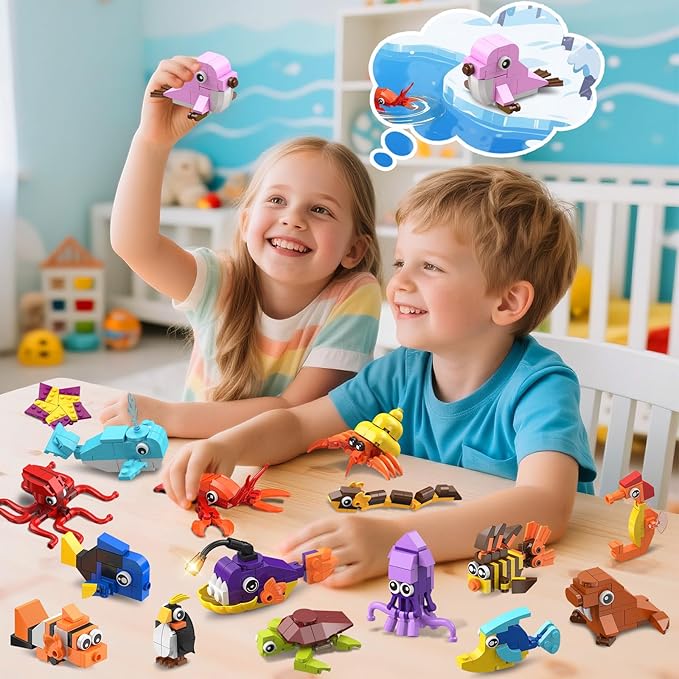 30 Pack Animals Valentines Party Favors For Kids, 824PCS Marine Animal Building Block Sets for Valentines Day Goodie Bags Filler Classroom Prizes Stocking Stuffers Birthday Gifts for Boys Girls 6+