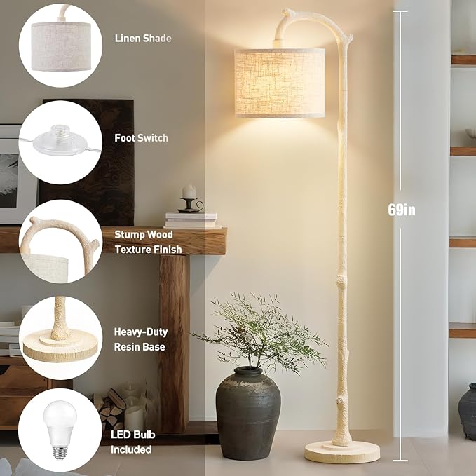 Floor Lamp for Living Room - 69" Rustic Farmhouse Tall Lamp with 3 Color Temperatures- Country Resin Vintage Reading Light Standing Lamps for Bedroom Office Classroom Home Decor, Almond White