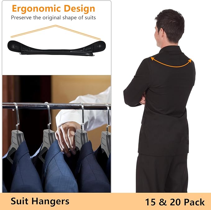 DEDU Suit Hangers for Men 10 Pack Width 17.7", Black Coat Hangers no Shoulder Bump Non Slip for Thick Sweaters, Plastic Extra Wide Shoulder with Pants Bar & Metal Hook