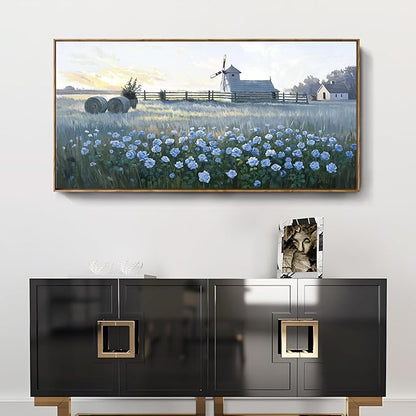 amatop Large Framed Country Landscape Wall Art – Blue Floral Canvas Art Print Vintage Rustic Farmhouse Picture Sunset Nature Artwork Wall Decor for Bedroom Dining Room Office Entryway 48x24 Inch