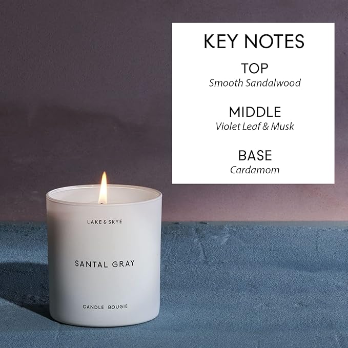 Lake & Skye Santal Gray Candle (8 oz), 50 Hours of Burn Time, 100% Soy Wax, Vegan - White Embers and Musk Scent