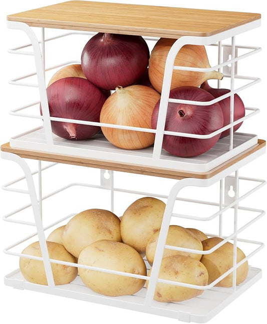 2 Pack Kitchen Organization for Onions,Potatoes - Fruit Basket for Kitchen Counter & Storage Basket,Stackable Kitchen Countertop Organizer for Fruits with Bamboo Top & Lightweight PP Mat,White