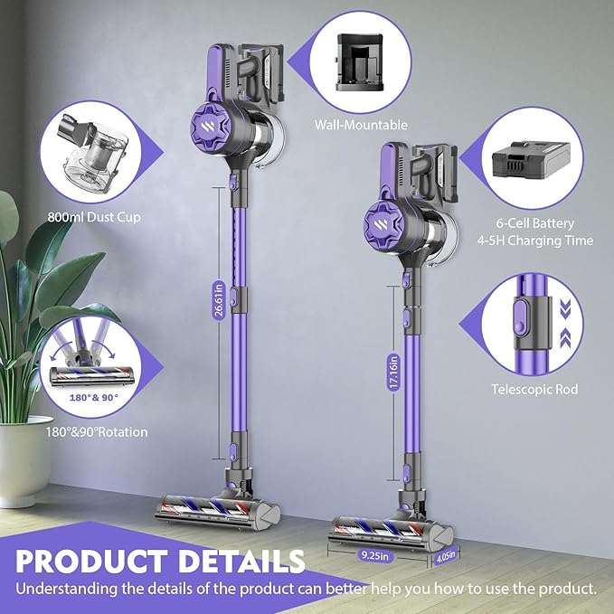 Cordless Vacuum Cleaner, Vacuum Cleaner for Home with 80000 RPM High-Speed Brushless Motor, Up to 40 Mins Runtime, 2 Adjustable Suction, Anti-Tangle, Lightweight Stick Vacuum for Hard Floor