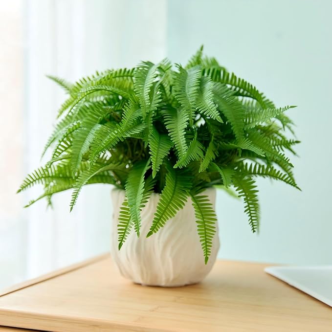 Small Fake Plant 9'' Boston Ferns Potted Artificial Plants in White Boho Embossed Planter Lifelike Faux Plants Greenery Suitable for Home Bedroom Bathroom Office Indoor Outdoor Decor