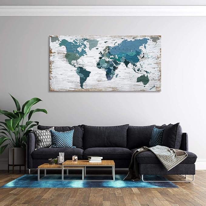 Teal Decor World Map Canvas Wall Art Pictures for Living Room Wall Decoration Blue Wall Decor Office World Map Wall Art Picture Framed Artwork for Home Bedroom Decoration 30"x60"