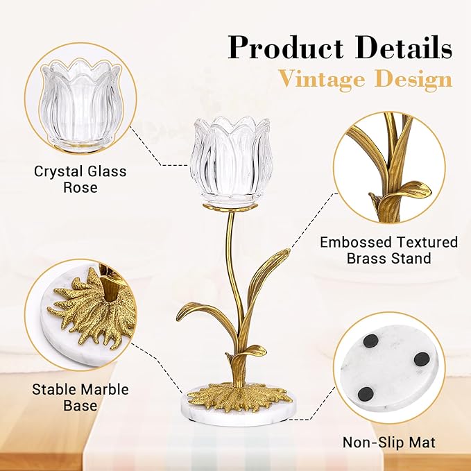 Candle Holder, Cut Rose Shaped Brass Candle Holder High-end Light Luxury Creative Art Crystal Glass Flower Candle Sticks Holder Decor Marble Disc Base Romantic Ambiance Table Decoration