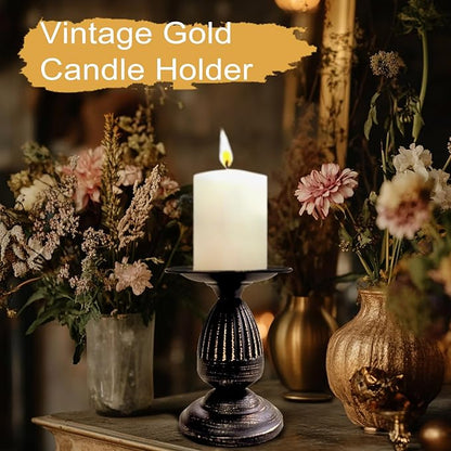 Gold Brass Vintage Candle Holders for Metal Candlestick Holders with Non-Slip Base - Stick Candle Holders for Fireplace, Party, Dining, Home, Wedding Decor(Set of 2Pcs)