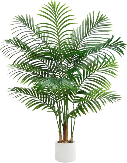 Artificial Palm Tree 4FT Faux Plants Indoor Tropical Fake Palm Tree Areca Floor Plant in White Pot with 13 Trunks & Real Bark Design, Faux Palm Plant for Outdoor Patio Home Room Office Decor