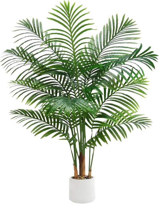 Artificial Palm Tree 4FT Faux Plants Indoor Tropical Fake Palm Tree Areca Floor Plant in White Pot with 13 Trunks & Real Bark Design, Faux Palm Plant for Outdoor Patio Home Room Office Decor