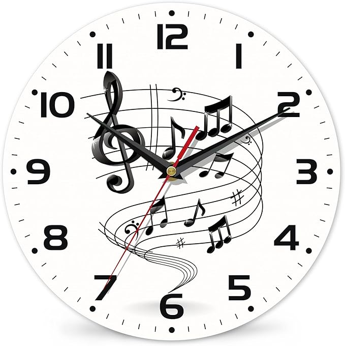 Music Notes Wall Clocks Wooden Wall Clock Art Hanging Clocks Silent Non-Ticking Wall Clock Battery Operated Round Home Arabic Numeral Decorative Wall Clocks 10 Inch