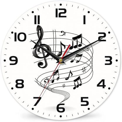 Music Notes Wall Clocks Wooden Wall Clock Art Hanging Clocks Silent Non-Ticking Wall Clock Battery Operated Round Home Arabic Numeral Decorative Wall Clocks 10 Inch