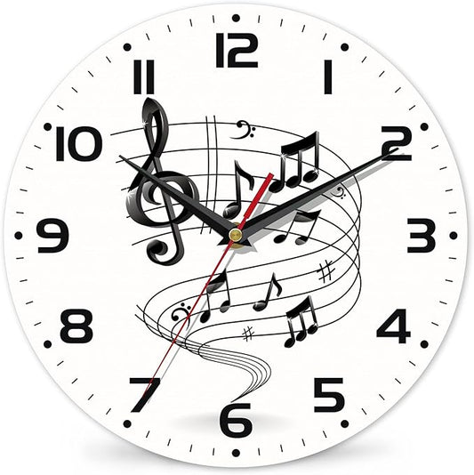 Music Notes Wall Clocks Wooden Wall Clock Art Hanging Clocks Silent Non-Ticking Wall Clock Battery Operated Round Home Arabic Numeral Decorative Wall Clocks 10 Inch