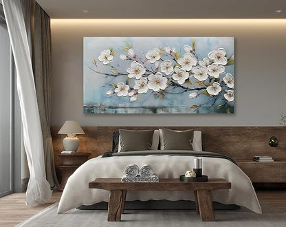 Anolyfi White Textured Flowers Wall Art for Living Room Canvas Painting, Modern Elegant Landscape Wall Art for Dining Room Bedroom Hallway Kitchen Office Home 40"x20"