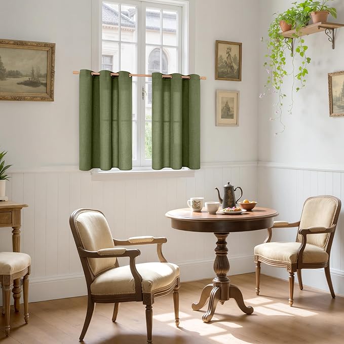 YoungsTex Olive Linen Curtains 40 Inch Length for Kitchen Window, Dark Green Short Light Filtering Drapes Semi Sheer with Bronze Grommet for Bathroom Windows, 2 Panels, 42 X 40 Inch