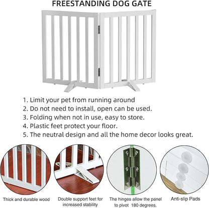 Dog Gate Indoor, Freestanding Dog Fence for The House, Doorways, Hallways,or Stairs,Pet Gate Foldable Wooden,Expandable 32" Height 2 Panels,White