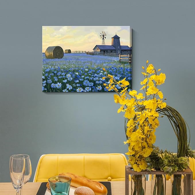 ARTZON Farmhouse Floral Wall Art – Rustic Bathroom Decor Artwork Horizontal Landscape Canvas Print, Barn Windmill with Blue Flower Daisies Field, Country Sunset Nature Scene Picture, Small 16x12 Inch