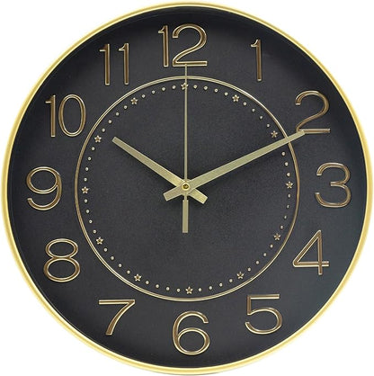 HZDHCLH 12inch Wall Clocks Battery Operated,Quartz Movement,Silent Non Ticking Modern Wall Clock for Living Room Bedroom Kitchen Office School Classroom Decor Black Gold