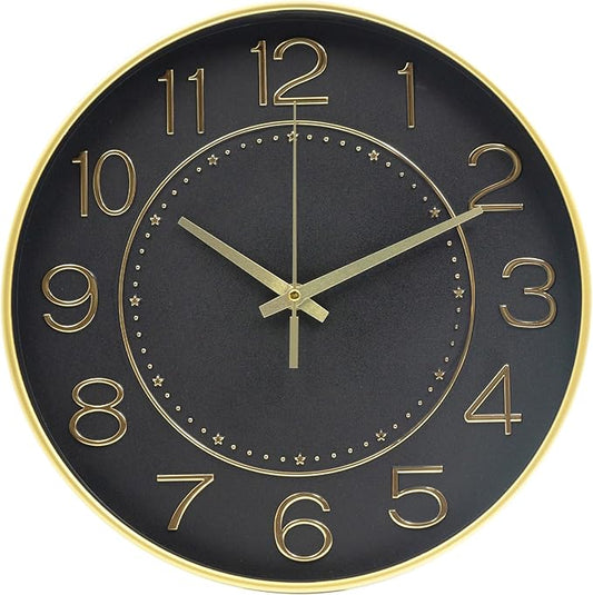 HZDHCLH 12inch Wall Clocks Battery Operated,Quartz Movement,Silent Non Ticking Modern Wall Clock for Living Room Bedroom Kitchen Office School Classroom Decor Black Gold