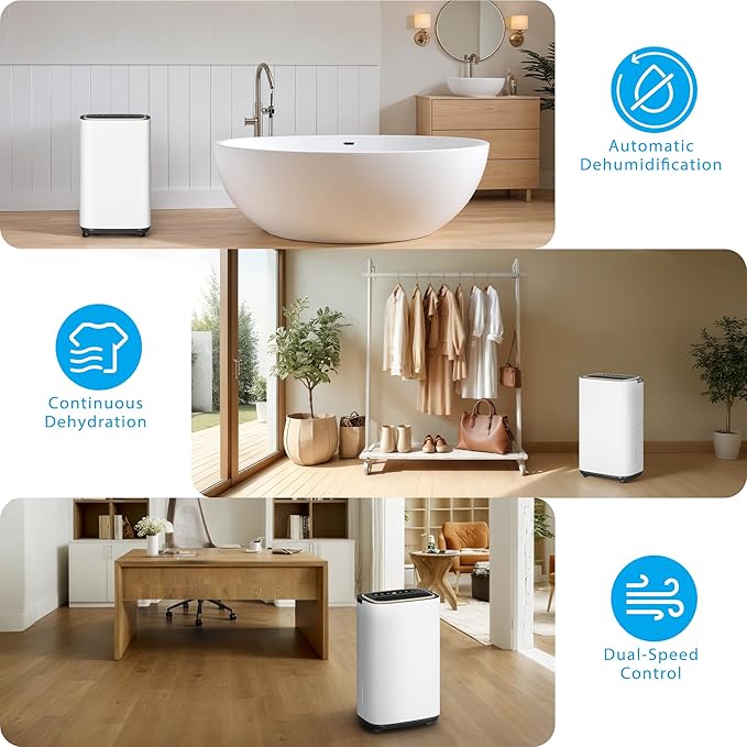 52 Pint Dehumidifier- 5000 Sq. Ft. Large Basement Dehumidifiers with Drain Hose for Large Rooms - Powerful Moisture Removal with Compressor- Dehu/Dry/Air Mode, LED Display,Timer, Child Lock