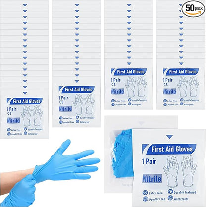 50 Pairs Disposable Emergency Glove Individually Packaged Travel Gloves Travel Trauma Essential Nitrile Glove (Blue)
