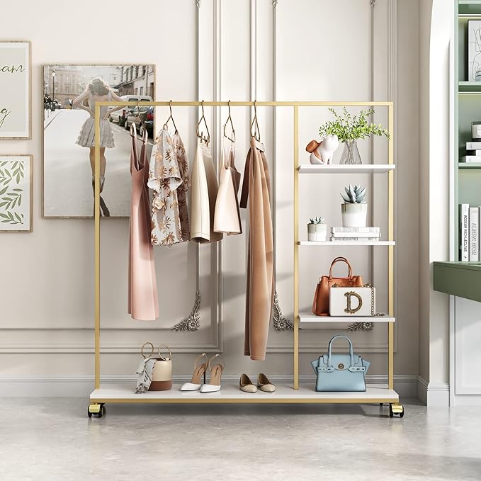 Metal Gold Clothing Rack for Boutique Use, Heavy Duty Garment Rack with Shelves for Retail Display (59L inches)