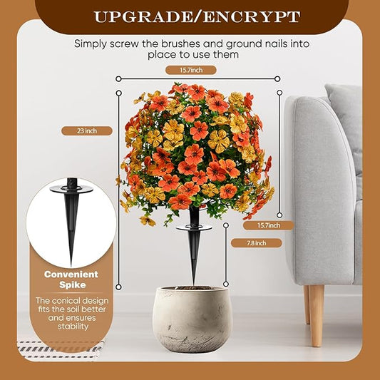 23" Set of 2 Artificial Boxwood Topiary Flowers Ball with Spikes for Outdoor Fall Decorations, Faux Greenery Shrubs,Fake Bushes Plants for Garden, Yard, Front Porch, Patio（Orange Green ）