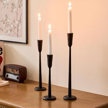 Cast Iron Taper Candle Holder Set of 3, Vintage Candlestick Holders Decorative Candle Stand, Tapered Candle Holders Tall Set for Wedding, Holiday, Home Decor, Christmas Decoration (Black)