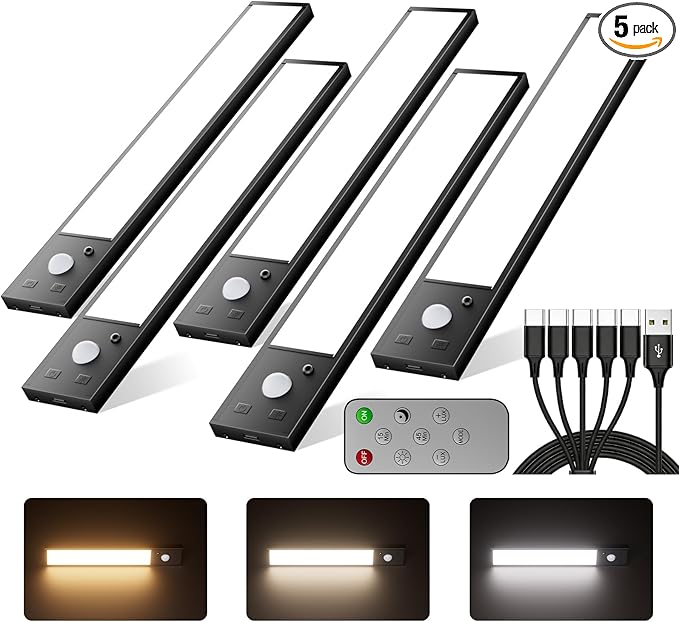 5 Pack Motion Sensor Under Cabinet Lighting Wireless,8 inch Magnetic Dimmable Under Counter Lights for Kitchen,Motion Activated Under Cabinet Lights,3 Color Dimmable Under Cabinet Lighting with Remote