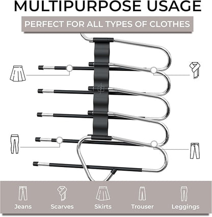 MORALVE Pants Hangers Space Saving - 2 Pack - Non-Slip Multi-Layer Space Saving Hangers - Multifunctional Clothing Rack for Closet Storage - Ideal for Jeans, Trousers, Skirts, Scarves & Slacks (Black)
