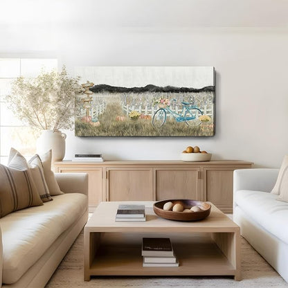Large Wall Art for Living Room Farmhouse Wall Decor, Modern Boho Vintage Organnic Country Rustic Cottagecore Neutral Landscape Artwork with Mountains Bicycle Flower, Floral Picture Bedroom Kitchen