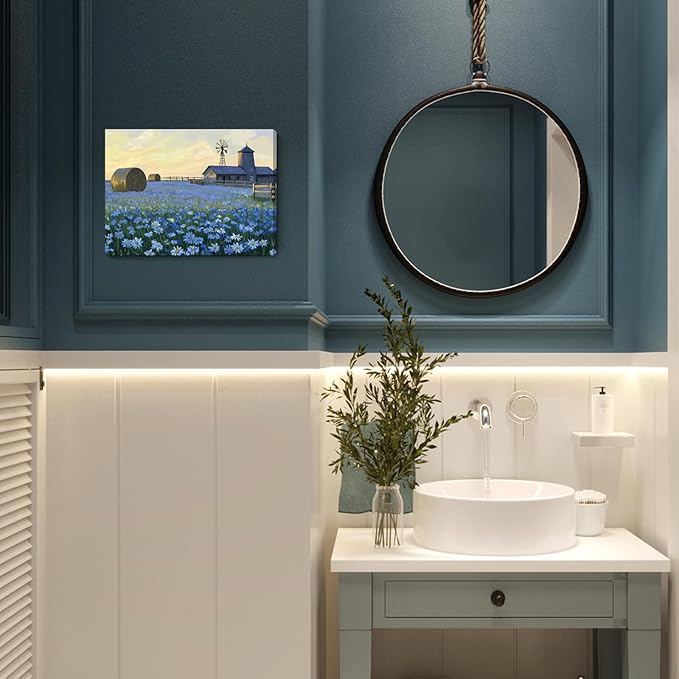 ARTZON Farmhouse Floral Wall Art – Rustic Bathroom Decor Artwork Horizontal Landscape Canvas Print, Barn Windmill with Blue Flower Daisies Field, Country Sunset Nature Scene Picture, Small 16x12 Inch