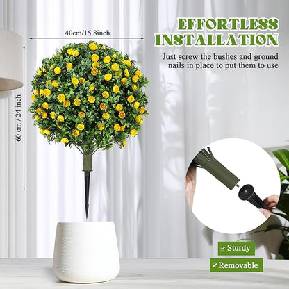 24 Artificial Topiary Ball Tree with Flower Set of 2,Outdoor Fake Topiary with Ground Spike,UV Resistant Faux Artificial Plant Bushes for Indoor Outdoor Front Porch Garden Decor(Yellow)