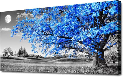Wapluam Large Canvas Wall Art For Living Room & Bedroom - Black & White Wall Paintings - Blue Tree Scenery - 24" X 48