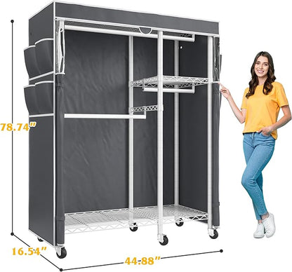Raybee Clothes Rack with Cover Clothing Racks for Hanging Clothes Heavy Duty Portable Closet with Wheels，Rolling Garment Rack for Bedroom,White