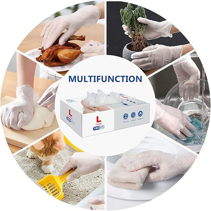 squish Disposable Gloves, Clear Vinyl Gloves 4 mil Thick Gloves Latex Free Powder-Free Glove Cleaning Rubber Glove Health Gloves for Kitchen Cooking Cleaning Food Handling, 100PCS*2Pack, Large