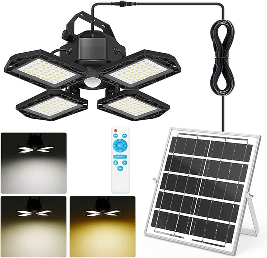 NIORSUN Solar Outdoor Lights Solar Lights Indoor Motion Sensor Pendant Light 3 Colors 4-Leaf 4 Modes with Remote, 16.4ft Wire Waterproof Security Lamp for Garage Shed Home Barn Shop Gazebo(1 Pack)