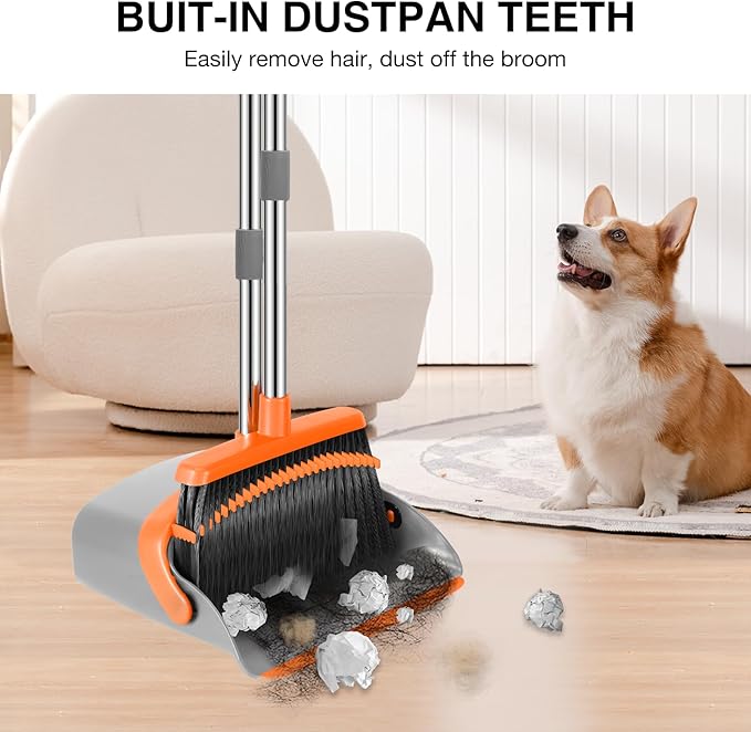 NACENA Broom and Dustpan Set, 52-in Long Adjustable Handle Broom Dustpan Combo with Dustpan Teeth to Automatically Clean Hair Suitable for Home Kitchen Office Hall Floor（Grey&Orange）