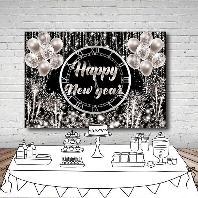 MEHOFOND Happy New Year Backdrop Hello 2024 NYE Cheers Party Decorations Sliver Black Photography Background Kiss Me at Midnight New Year's Eve Festival Party Supplies Photobooth Banner 8x6ft