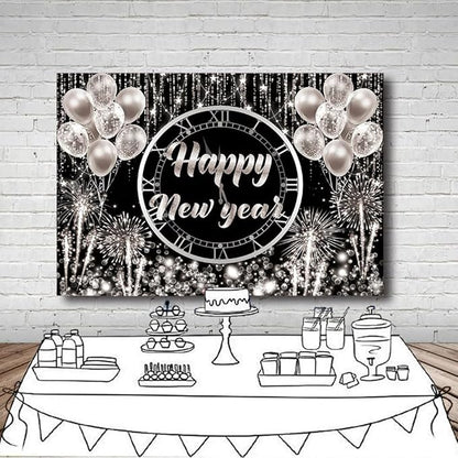 MEHOFOND Happy New Year Backdrop Hello 2024 NYE Cheers Party Decorations Sliver Black Photography Background Kiss Me at Midnight New Year's Eve Festival Party Supplies Photobooth Banner 8x6ft