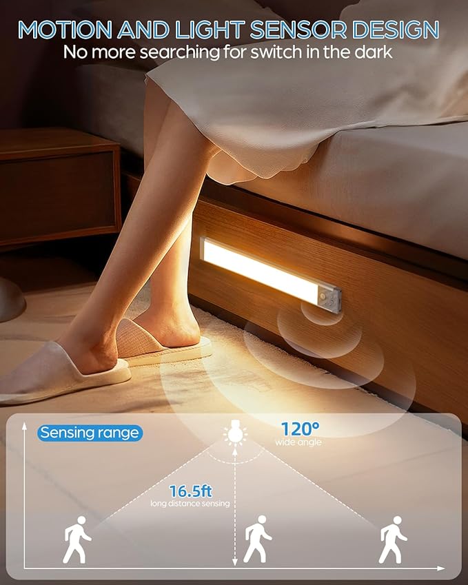 HIBOITEC Under Cabinet Lighting Rechargeable 50 LED Closet Lights Battery Operated Dimmable Motion Sensor Light Indoor, Wireless Light for Kitchen, Wardrobe, Drawer, 2 Pack, Warm White Light, 10 inch