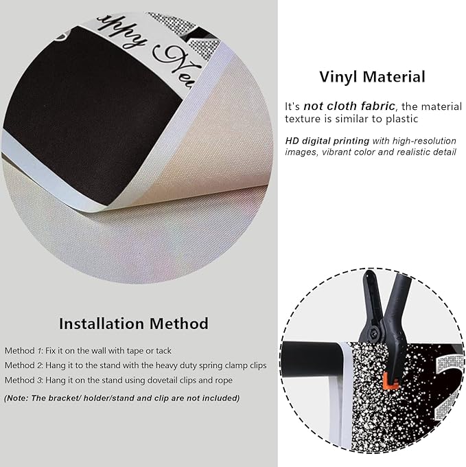 YongFoto 2026 Happy New Year Backdrop 10x5ft Black Silver Photography Background Merry Christmas Night Festival Carnival Celebration Party Banquet Decor Banner Photoshoot Wallpaper Photo Booth