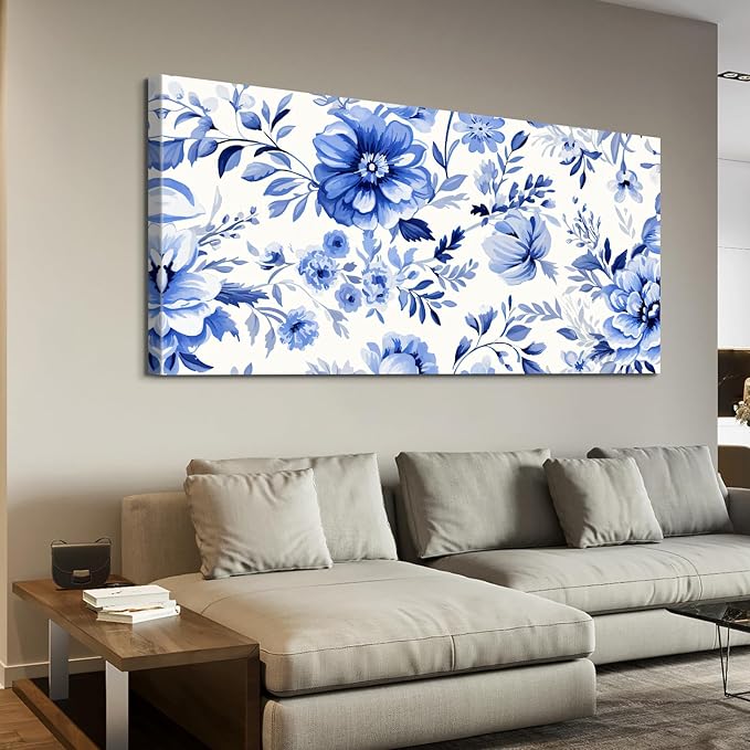 CanvasGarden Floral Canvas Wall Art, Blue Floral Pattern Watercolor Poster Varied Blooms Botanical Soft Flower Home Decor, Framed Prints for Living Room Bedroom Office Decor, 40x20Inch
