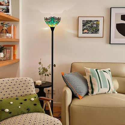 Tiffany Floor Lamp Tochiere Standing Green Dragonfly Style Stained Glass Floor Light Vintage Tall Pole Uplight Lamp Rustic Corner Lamp with Foot Switch for Home Decor Living Room Bedroom