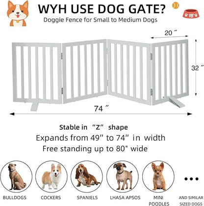 Dog Gate Indoor, Freestanding Dog Fence for The House, Doorways, Hallways,or Stairs,Pet Gate Foldable Wooden,Expandable 32" Height 4 Panels,White