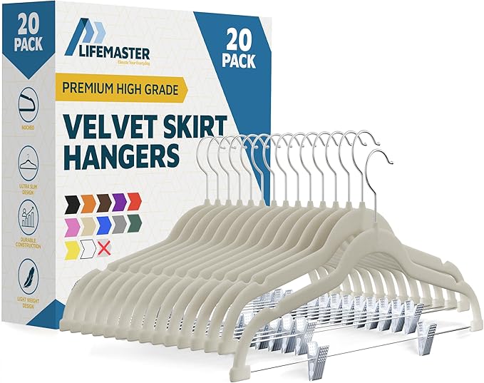 Velvet Skirt Hangers – with Adjustable Clips, 360 Degree Swivel Hook, and Non-Slip Shoulder Notch, Holds Up to 10 lbs, for Organizing Skirt, Pants, Dress, and Clothes, Pack of 20, Ivory