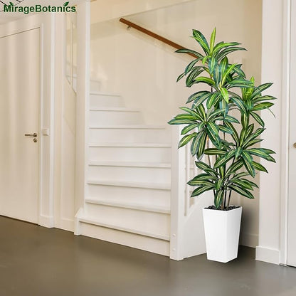 Artificial Dracaena Tree 5FT Tall Fake Plant with White Pot - Realistic Faux Dragon Tree with Tall Planter - Indoor Floor Plant for Home, Office,Mall, Living Room, Bedroom Decor (White - Planter, 5ft)