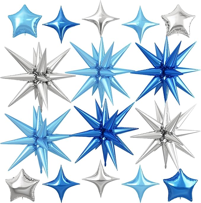 Blue Silver Star Balloon,16Pcs Star Foil Balloons Set with 22Inch Explosion Spike Cone Balloons and 10Inch Quadrangle Helium Balloon for Birthday Wedding Baby Shower Party Decorations