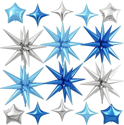 Blue Silver Star Balloon,16Pcs Star Foil Balloons Set with 22Inch Explosion Spike Cone Balloons and 10Inch Quadrangle Helium Balloon for Birthday Wedding Baby Shower Party Decorations